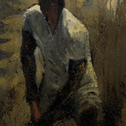 mixed media painting of a man shoveling