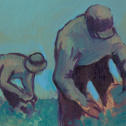 acrylic painting of men working at moonrise
