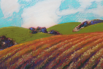 Pastel of Rolling Vineyards at Mid-day